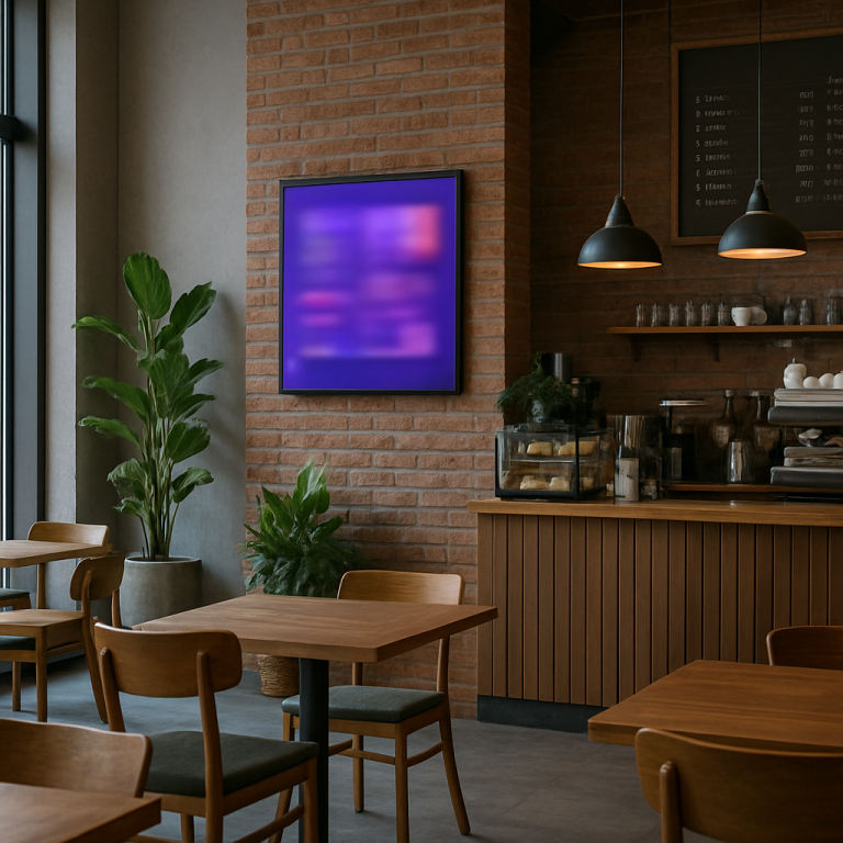 A modern café interior with wooden tables, plants, and a coffee counter against a brick wall.