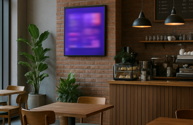 Modern café interior with wooden tables, plants, and a digital display on a brick wall.