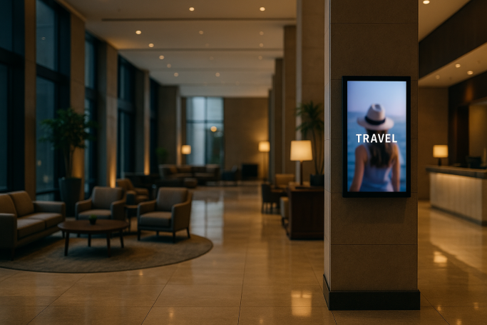 A modern hotel lobby with seating, plants, and a digital screen displaying “Travel.”