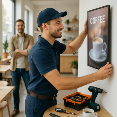 A man hangs a coffee poster while another man watches in a café setting.