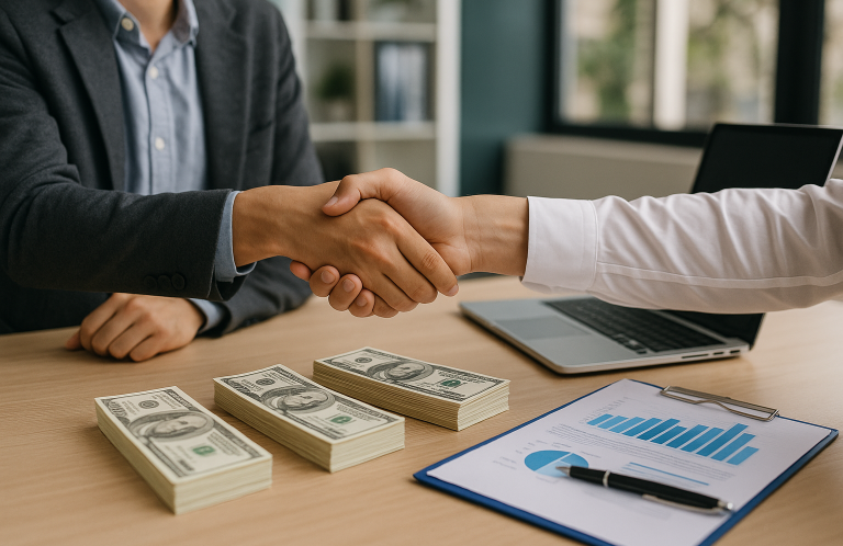 Both parties shaking hands over a table with cash and a graph chart.