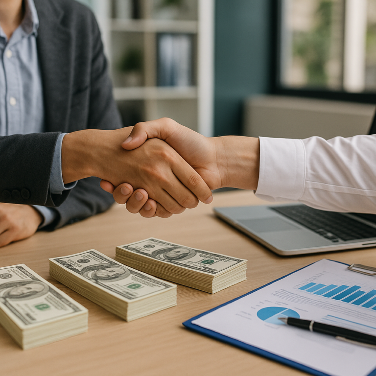 Handshake between two people with cash and a chart on the table.
