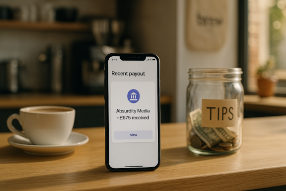 A phone displaying a payment interface, next to a coffee cup and a tips jar.