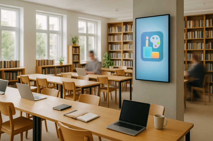 A modern library with tables, laptops, and a digital display on the wall.