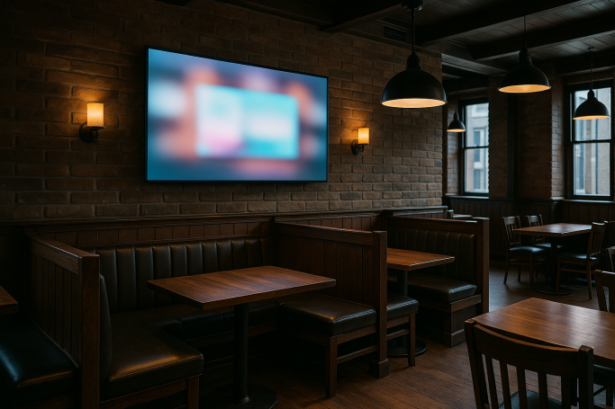 Cozy restaurant interior with wooden tables, booth seating, and a large TV on the wall.