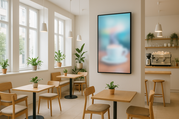 Modern café interior with wooden tables, plants, and a coffee machine in the background.