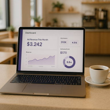Laptop displaying a business dashboard with financial data next to a cup of coffee.