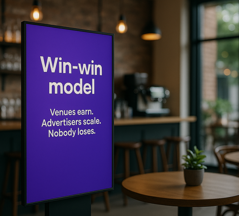 Display screen in a cafe showing "Win-win model" text with a coffee machine in the background.