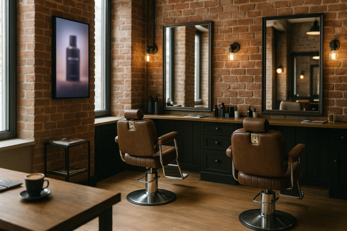 Barber shop interior with stylish chairs, mirrors, and rustic brick walls.